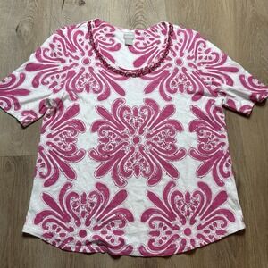 Chico's‎ Shirt Womens Large 2 Coral Pink V-Neck 3/4 Sleeve Beaded Sequin Floral